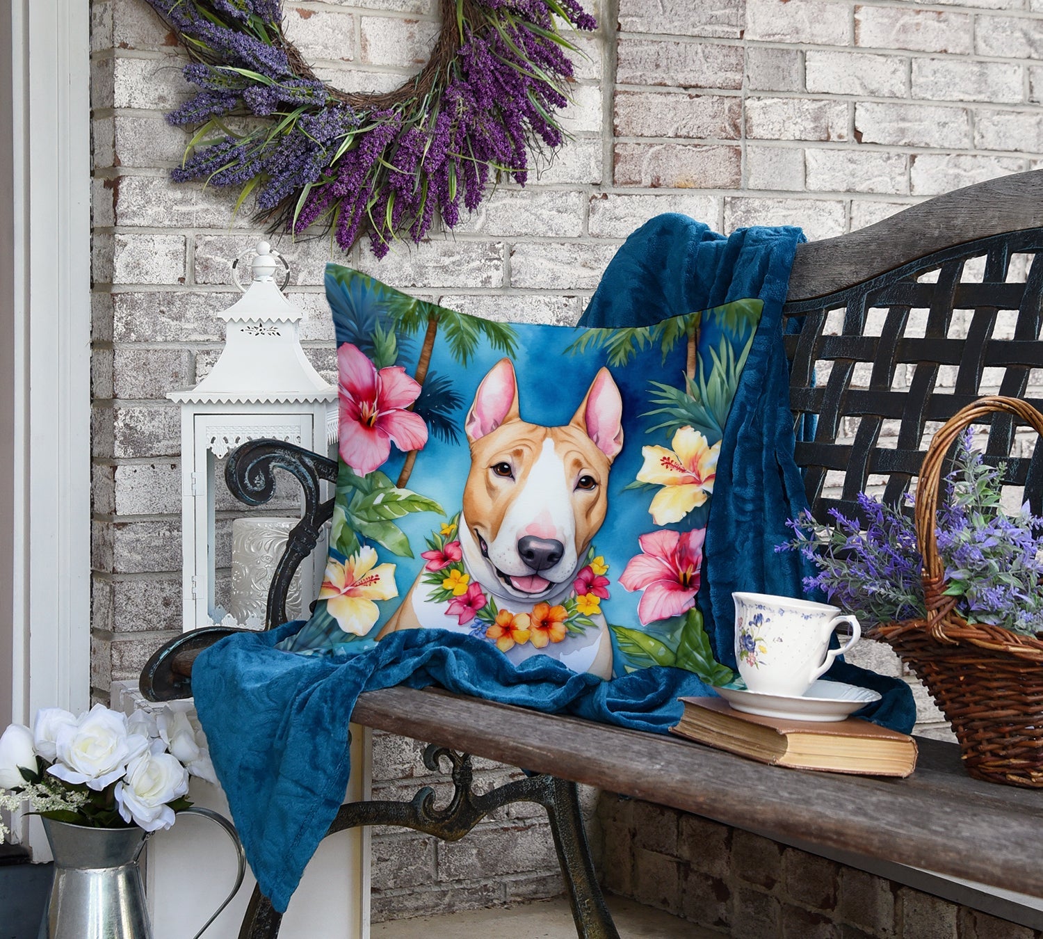 English Bull Terrier Luau Decorative Throw Pillow 18x18 Indoor Outdoor Accent Cushion, Fabric Cover with Insert for Sofa, Bed, Porch & Living Room