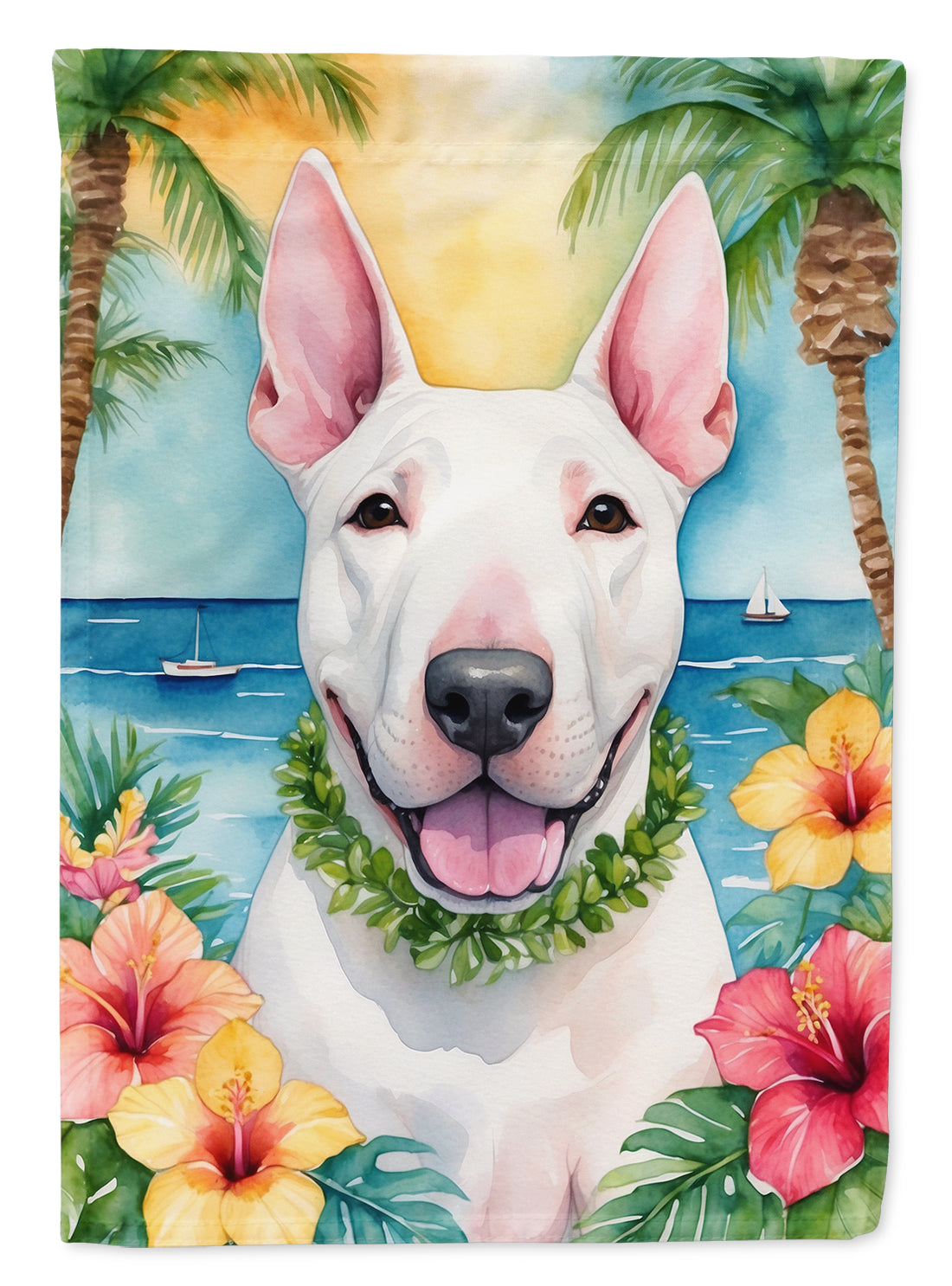 English Bull Terrier Luau House Flag 28x40 Porch Sleeve Pole Decorative Outside Yard Banner Artwork Wall Hanging, Polyester