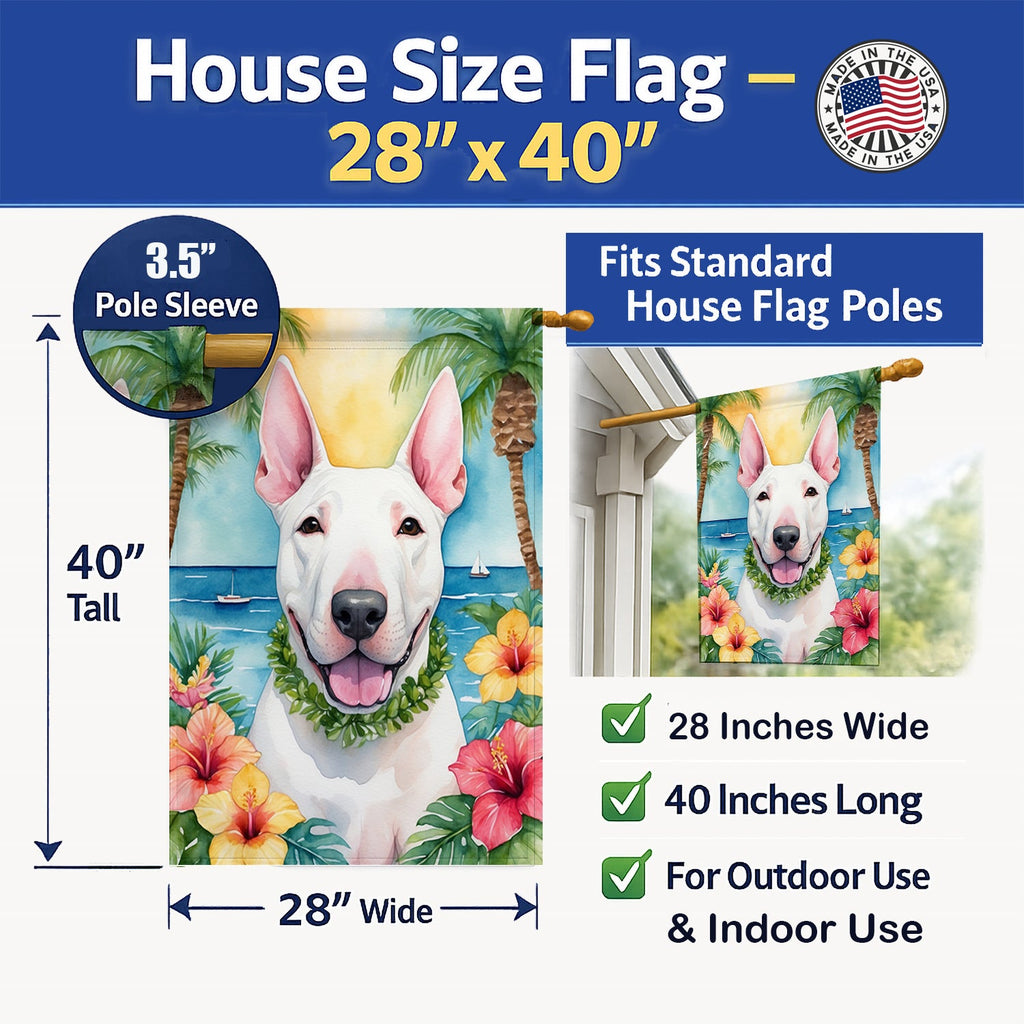 English Bull Terrier Luau House Flag 28x40 Porch Sleeve Pole Decorative Outside Yard Banner Artwork Wall Hanging, Polyester