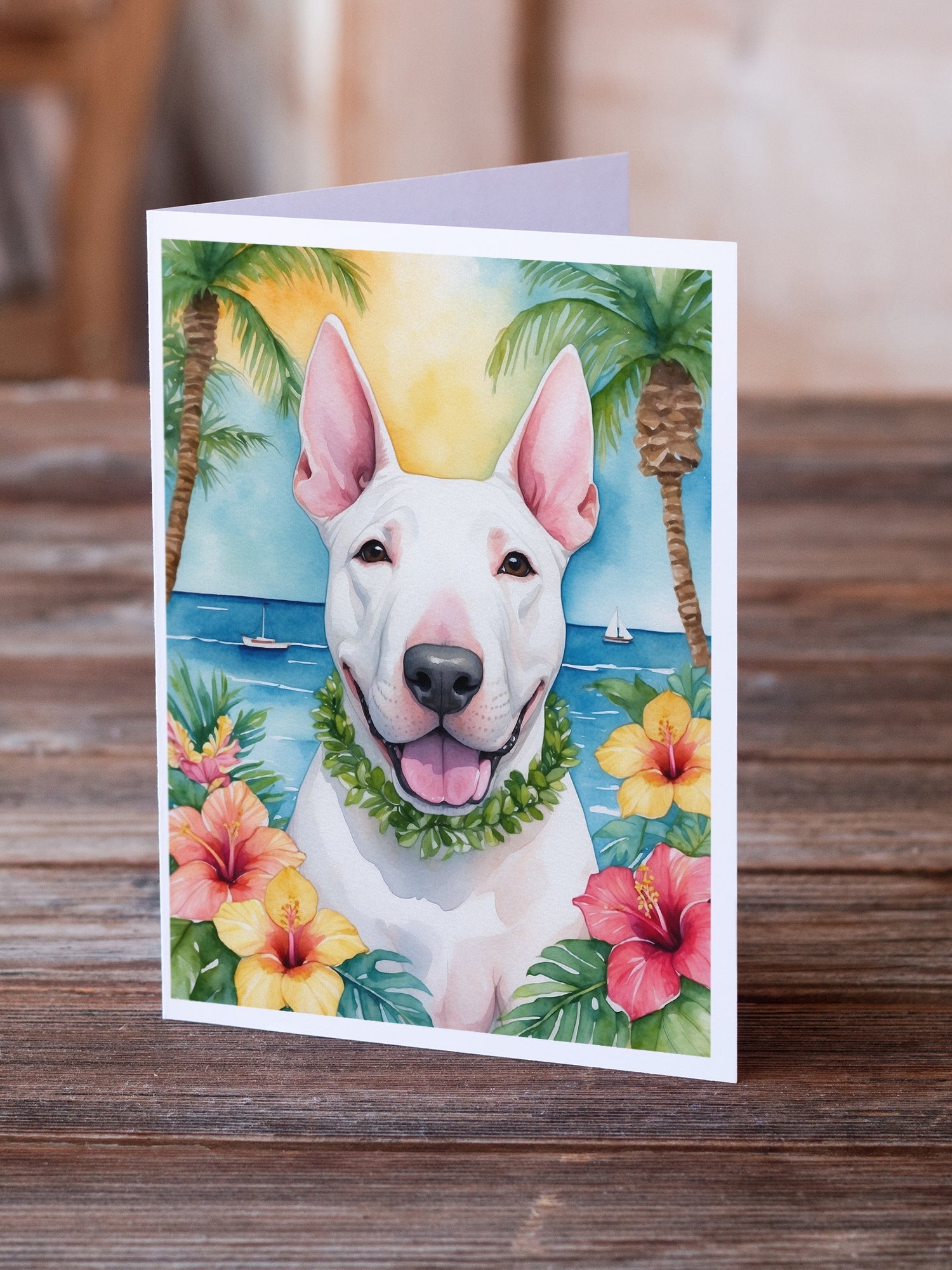 English Bull Terrier Luau Greeting Cards Pack of 8 Blank Cards with Envelopes Whimsical A7 Size 5x7