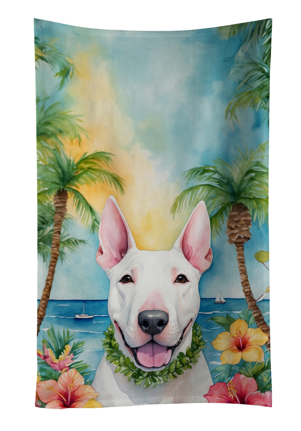 English Bull Terrier Luau Kitchen Towel Velour Plush Front and Cotton Loop Back Machine Washable