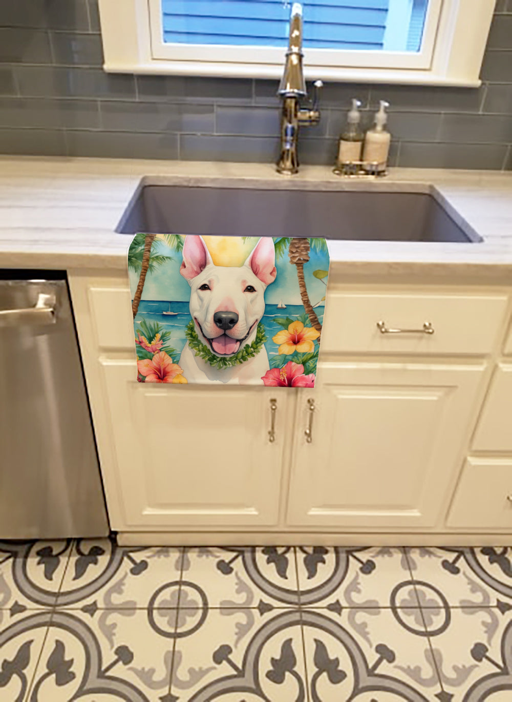 English Bull Terrier Luau Kitchen Towel Velour Plush Front and Cotton Loop Back Machine Washable