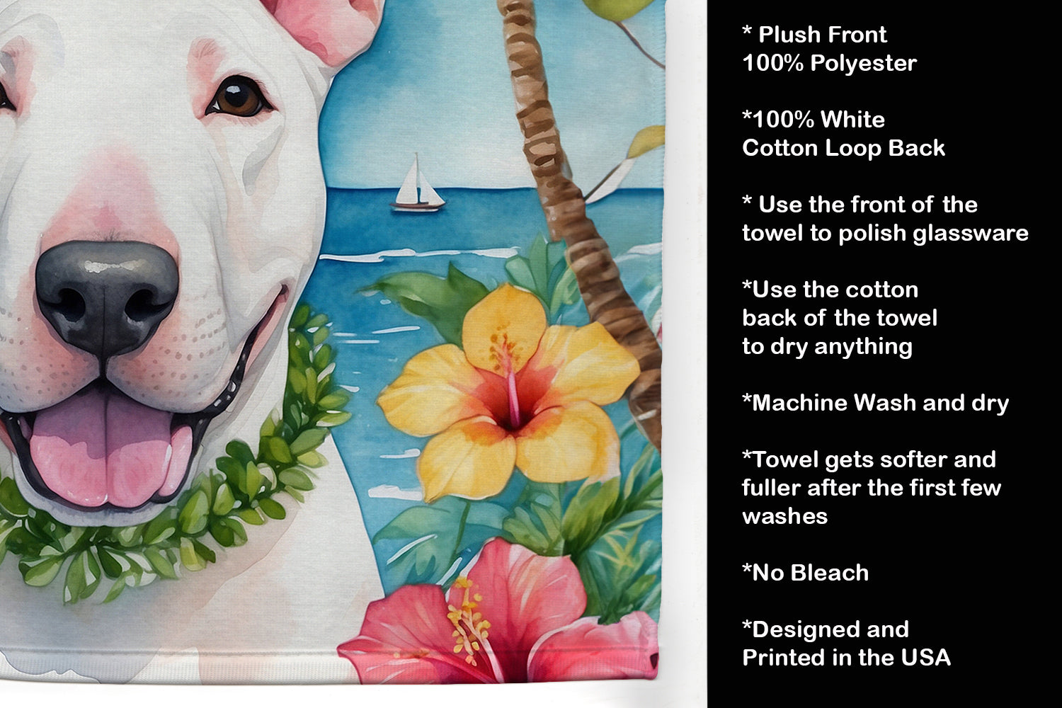 English Bull Terrier Luau Kitchen Towel Velour Plush Front and Cotton Loop Back Machine Washable