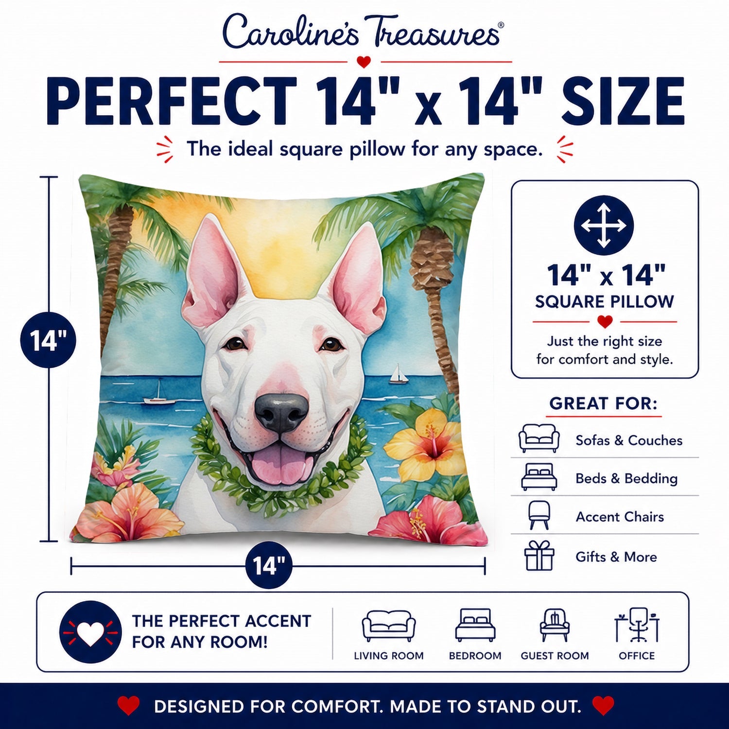 English Bull Terrier Luau Decorative Throw Pillow 14x14 Indoor Outdoor Accent Cushion, Fabric Cover with Insert for Sofa, Bed, Porch & Living Room