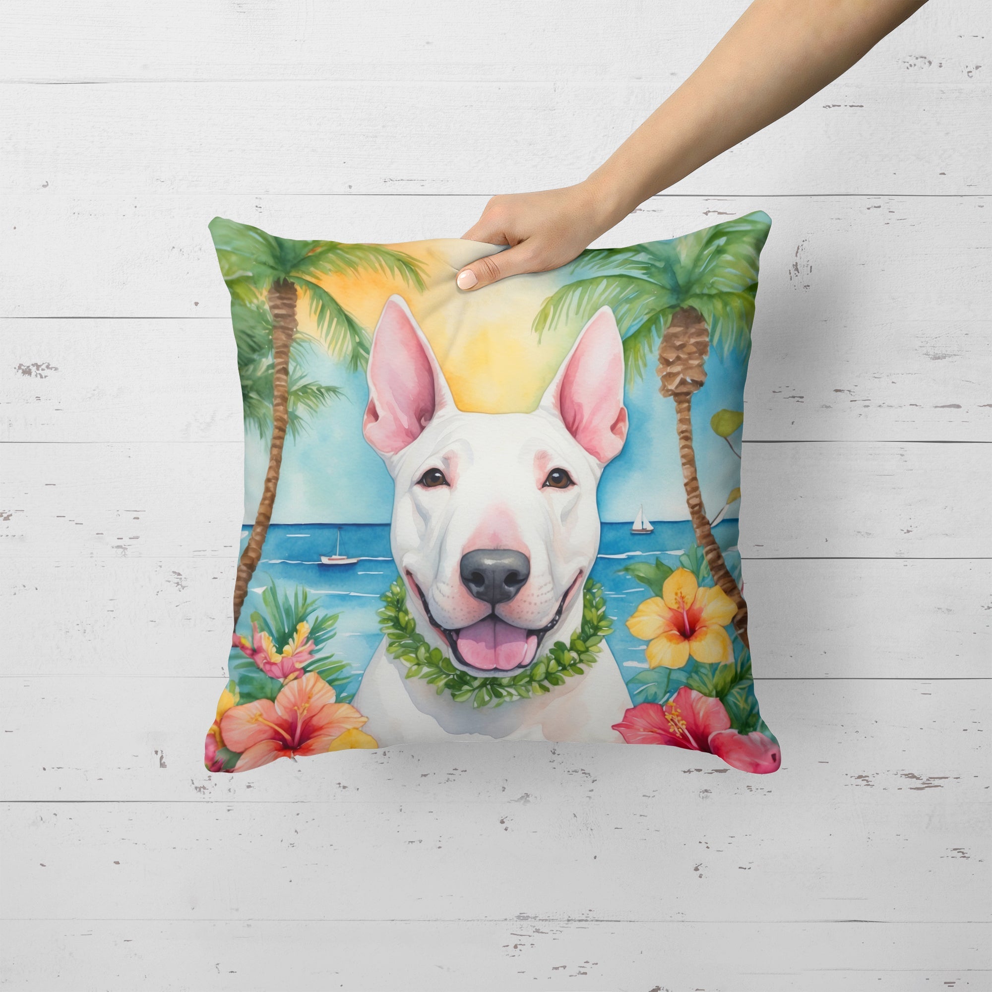 English Bull Terrier Luau Decorative Throw Pillow 18x18 Indoor Outdoor Accent Cushion, Fabric Cover with Insert for Sofa, Bed, Porch & Living Room