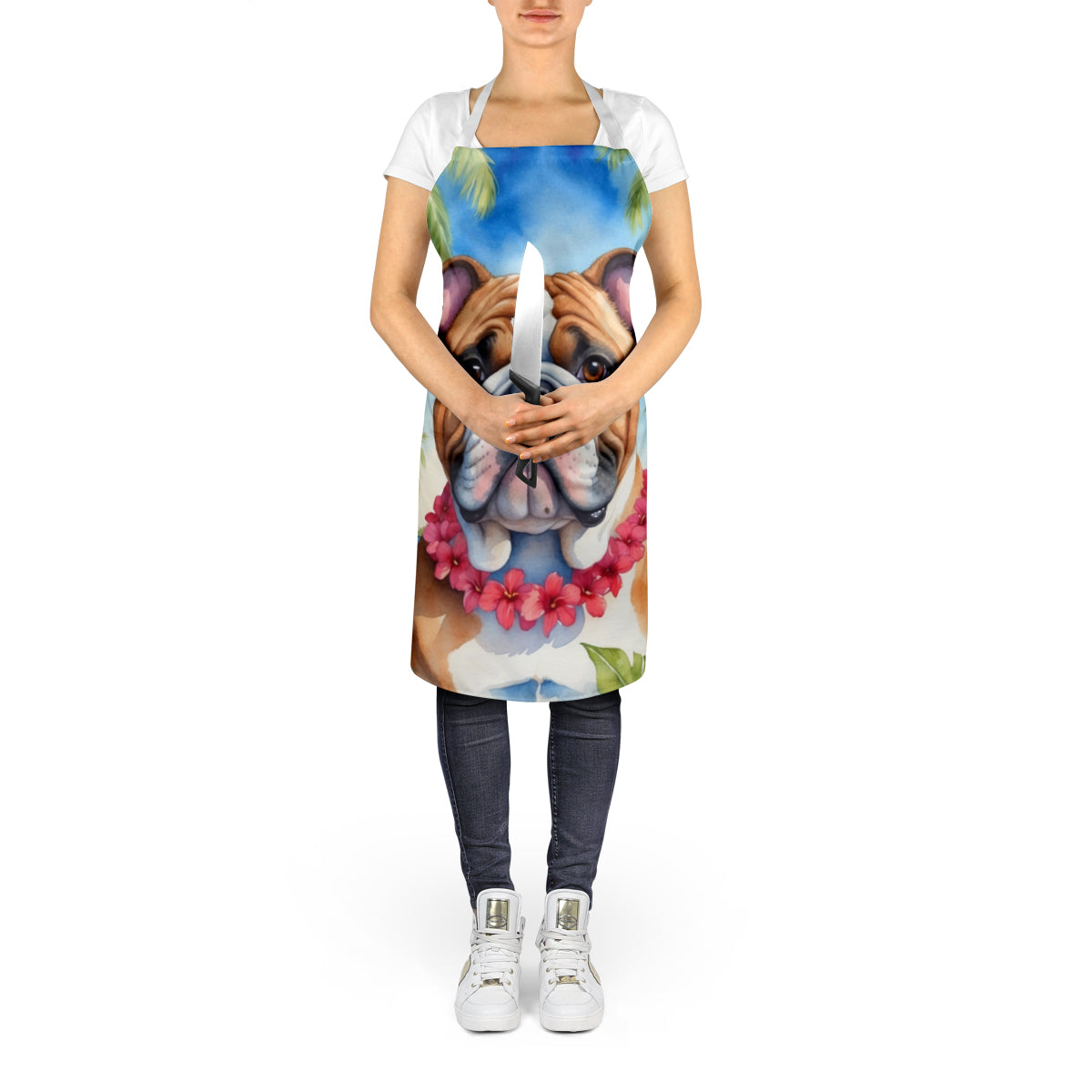 English Bulldog Luau Apron Cooking Kitchen Server Baking Crafts Gardening for Adult Women Men, Unisex, Large, Multicolor
