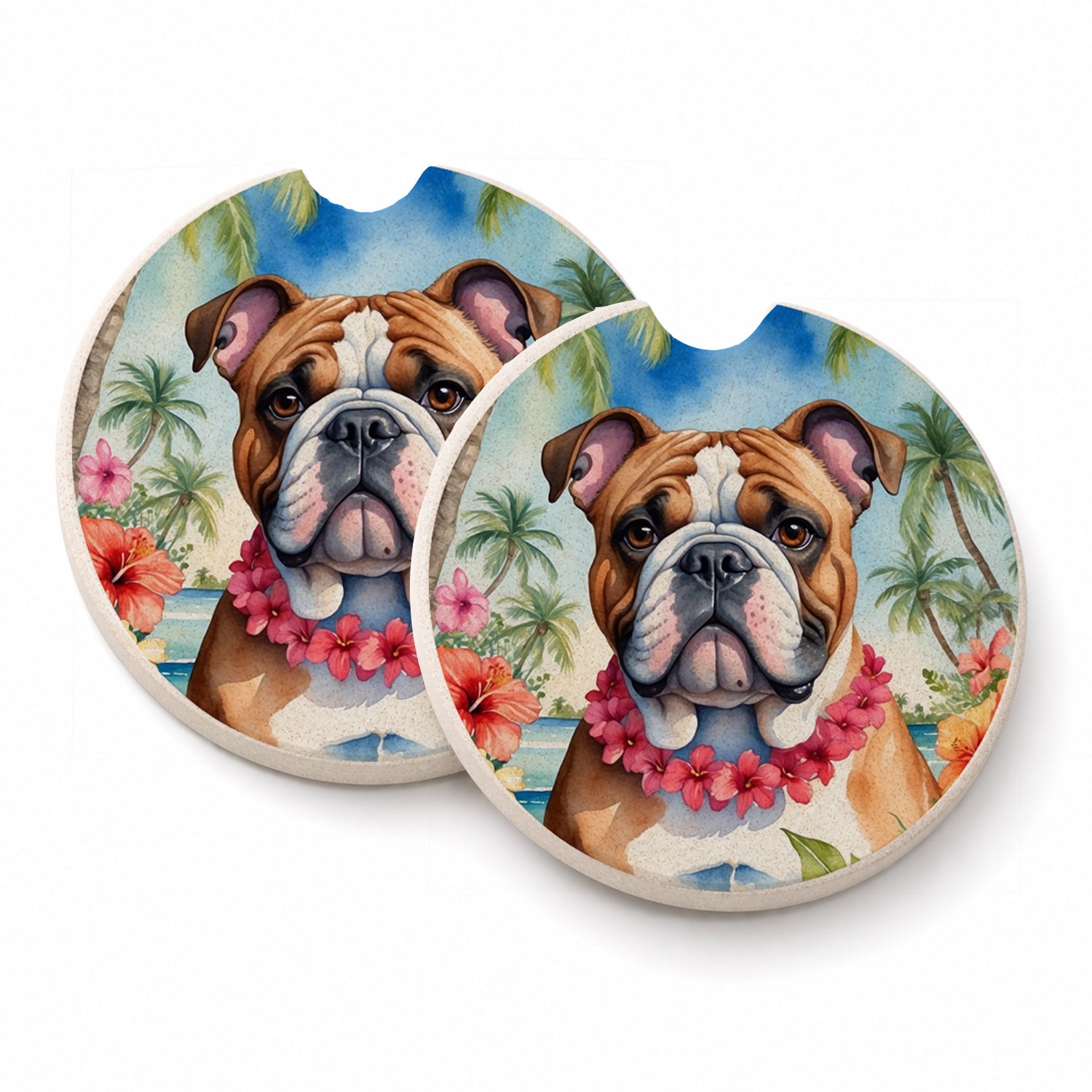 English Bulldog Luau Set of 2 Cup Holder Car Coasters Absorbent Round Sandstone Coasters Gifts for Men or Women, 2.5, Multicolor
