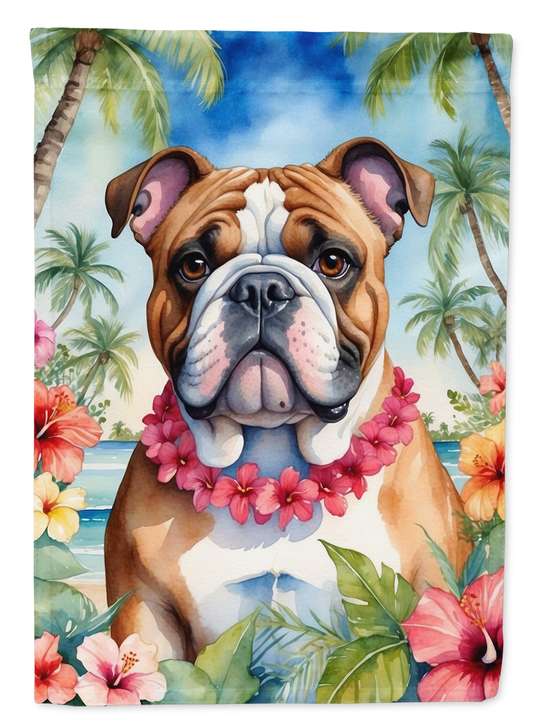English Bulldog Luau House Flag 28x40 Porch Sleeve Pole Decorative Outside Yard Banner Artwork Wall Hanging, Polyester