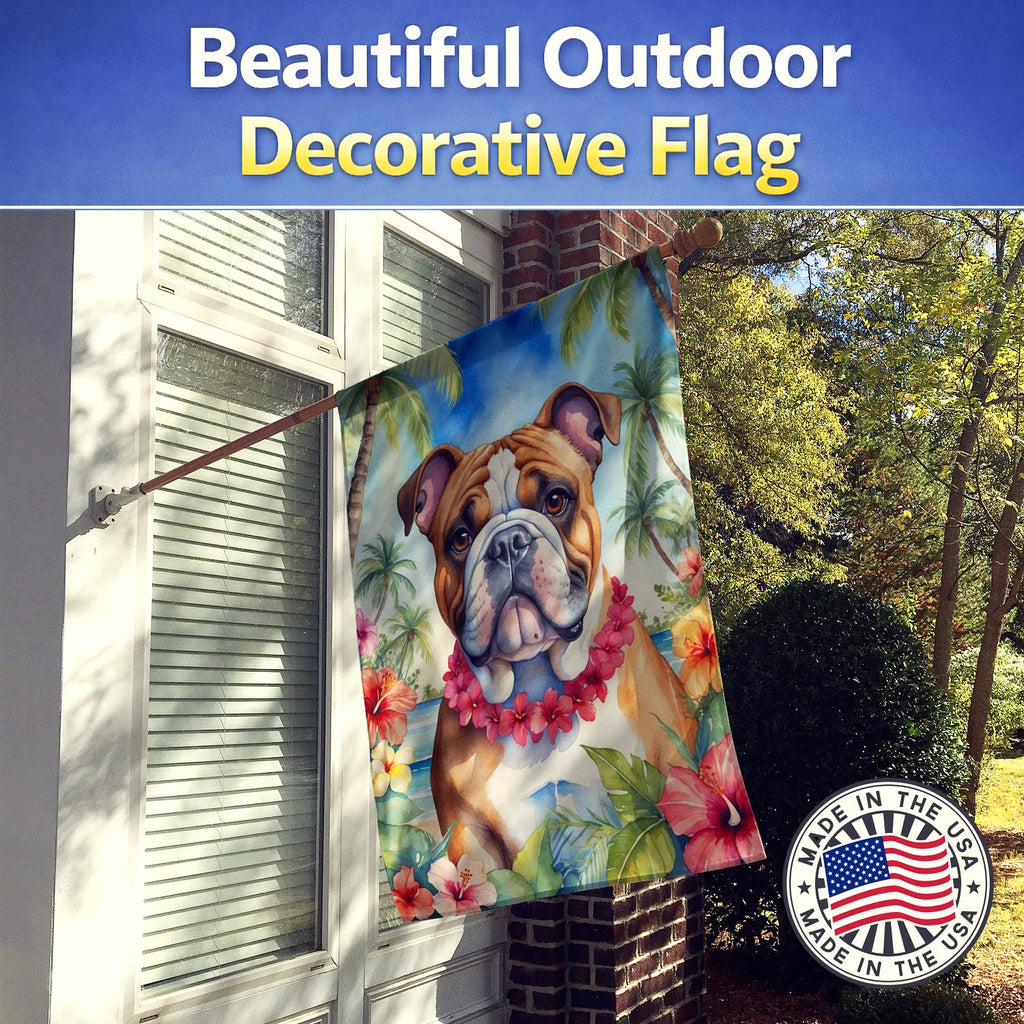 English Bulldog Luau House Flag 28x40 Porch Sleeve Pole Decorative Outside Yard Banner Artwork Wall Hanging, Polyester