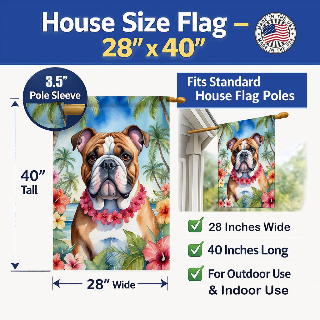 English Bulldog Luau House Flag 28x40 Porch Sleeve Pole Decorative Outside Yard Banner Artwork Wall Hanging, Polyester
