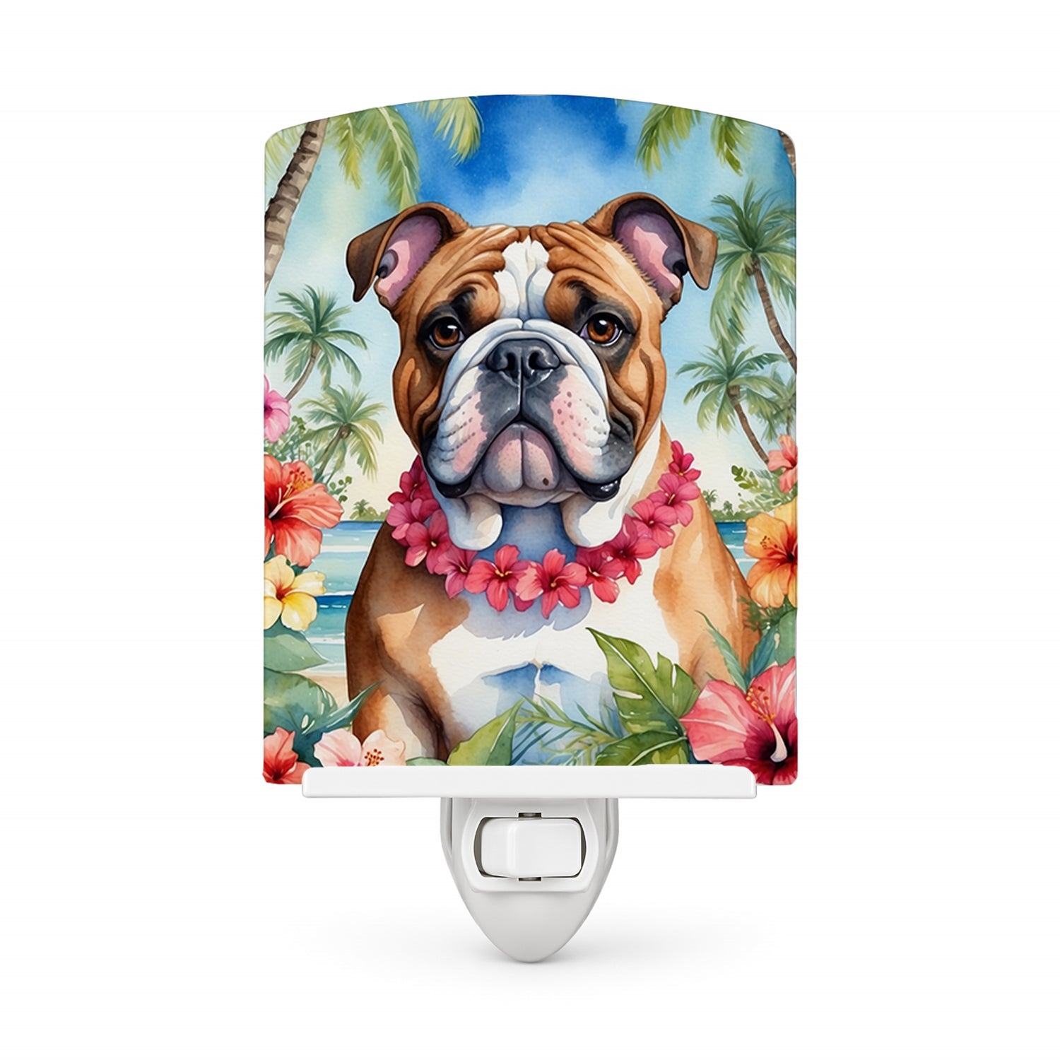 English Bulldog Luau Ceramic Night Light Compact, UL-Certified, Ideal for Bedroom, Bathroom, Nursery, Hallway, Kitchen, 6x4x3, Multicolor