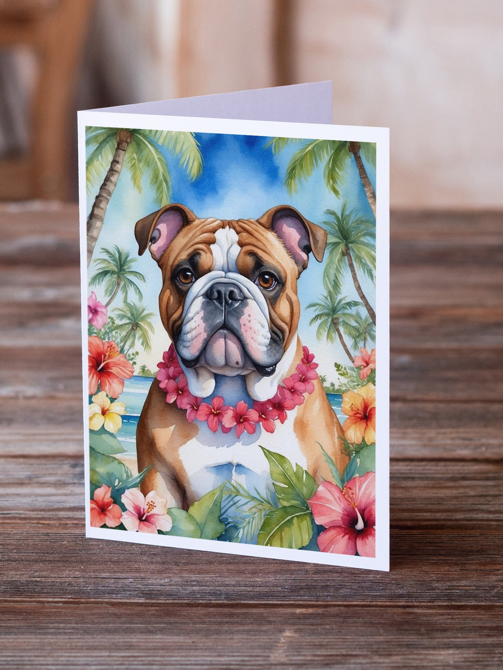 English Bulldog Luau Greeting Cards Pack of 8 Blank Cards with Envelopes Whimsical A7 Size 5x7