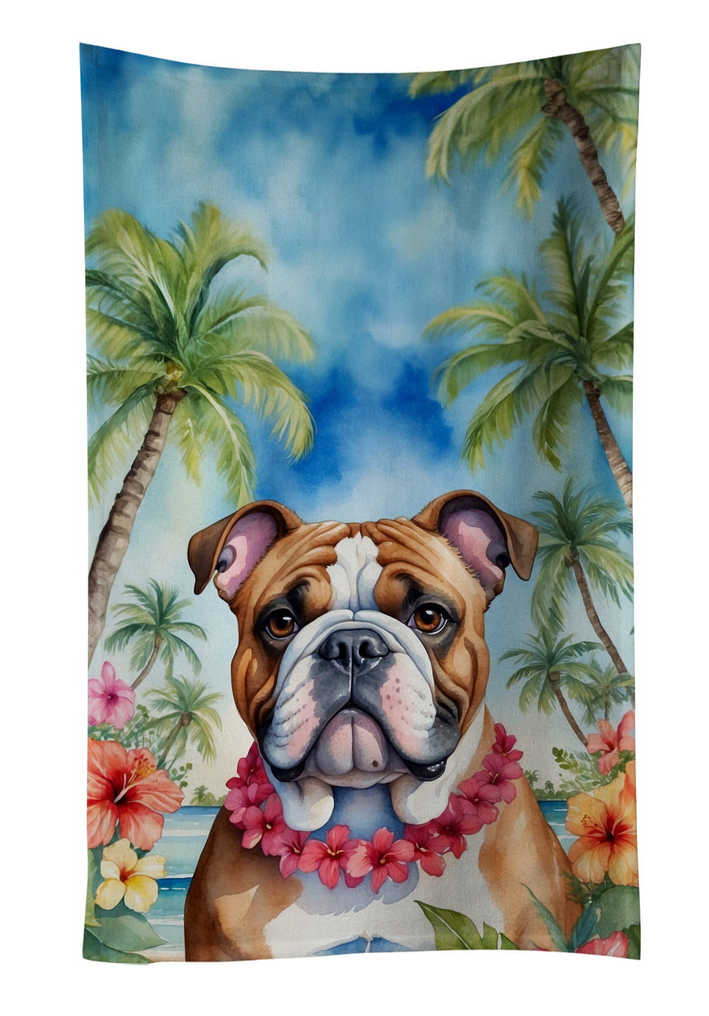 English Bulldog Luau Kitchen Towel Velour Plush Front and Cotton Loop Back Machine Washable