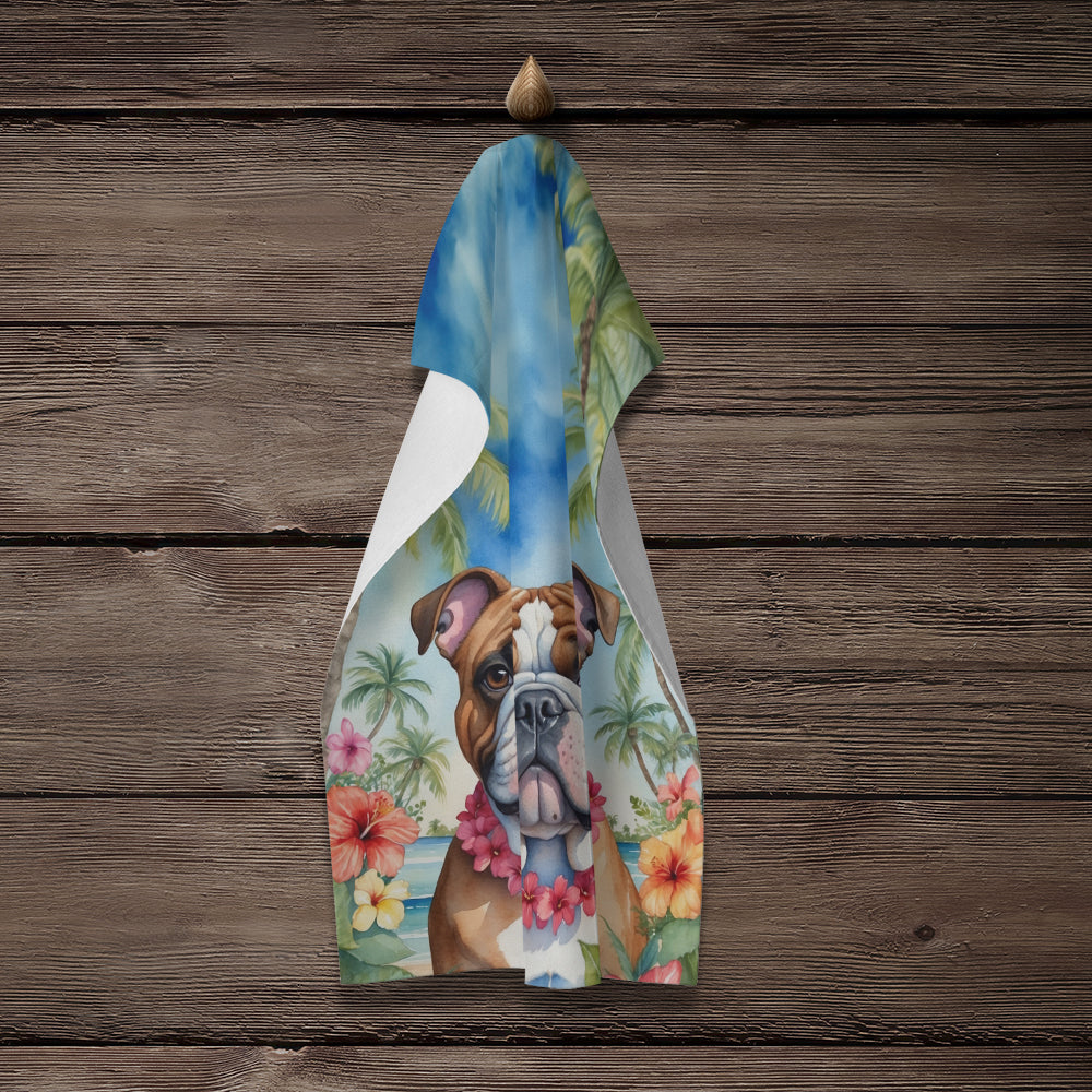English Bulldog Luau Kitchen Towel Velour Plush Front and Cotton Loop Back Machine Washable