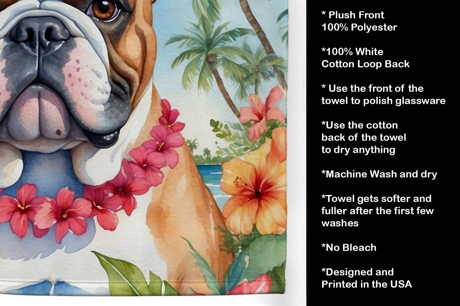 English Bulldog Luau Kitchen Towel Velour Plush Front and Cotton Loop Back Machine Washable
