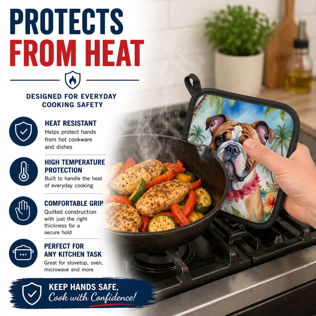 English Bulldog Luau Pot Holder Set of 2 Heat Resistant Quilted Hot Pads 7.5 x 7.5 Inch, Insulated Kitchen Trivets for Cooking & Baking