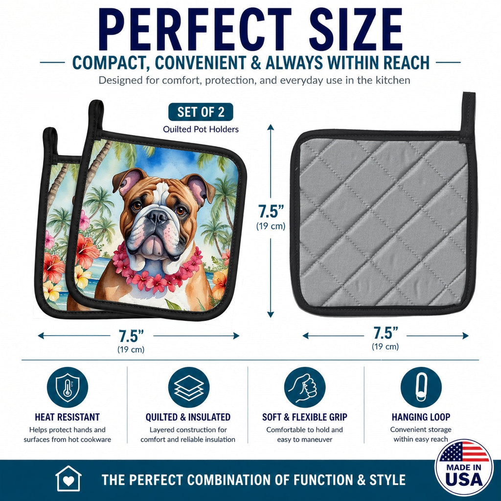 English Bulldog Luau Pot Holder Set of 2 Heat Resistant Quilted Hot Pads 7.5 x 7.5 Inch, Insulated Kitchen Trivets for Cooking & Baking