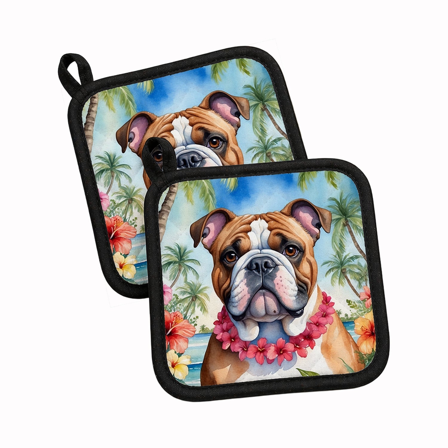 English Bulldog Luau Pot Holder Set of 2 Heat Resistant Quilted Hot Pads 7.5 x 7.5 Inch, Insulated Kitchen Trivets for Cooking & Baking