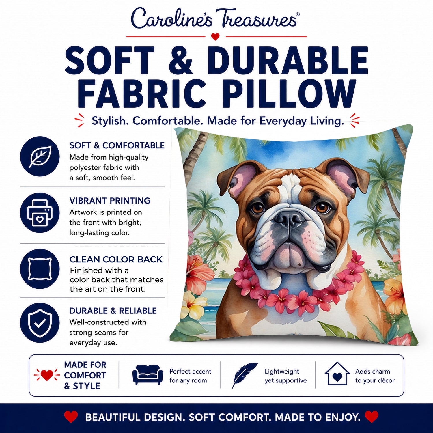 English Bulldog Luau Decorative Throw Pillow 14x14 Indoor Outdoor Accent Cushion, Fabric Cover with Insert for Sofa, Bed, Porch & Living Room