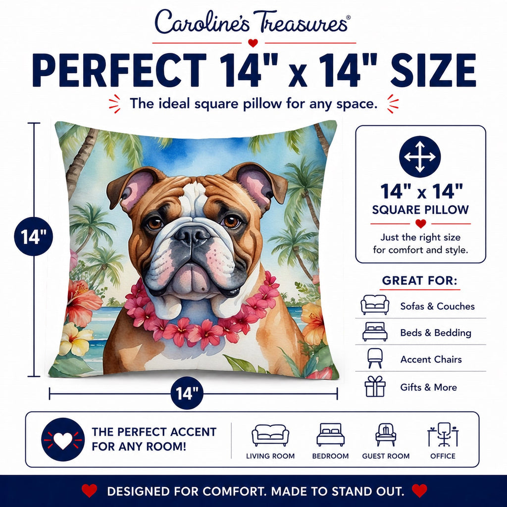 English Bulldog Luau Decorative Throw Pillow 14x14 Indoor Outdoor Accent Cushion, Fabric Cover with Insert for Sofa, Bed, Porch & Living Room