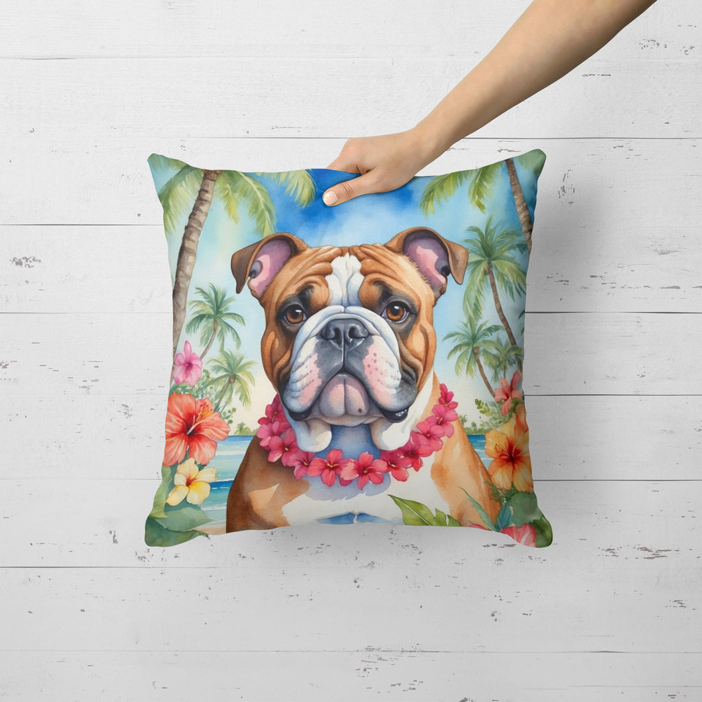English Bulldog Luau Decorative Throw Pillow 18x18 Indoor Outdoor Accent Cushion, Fabric Cover with Insert for Sofa, Bed, Porch & Living Room