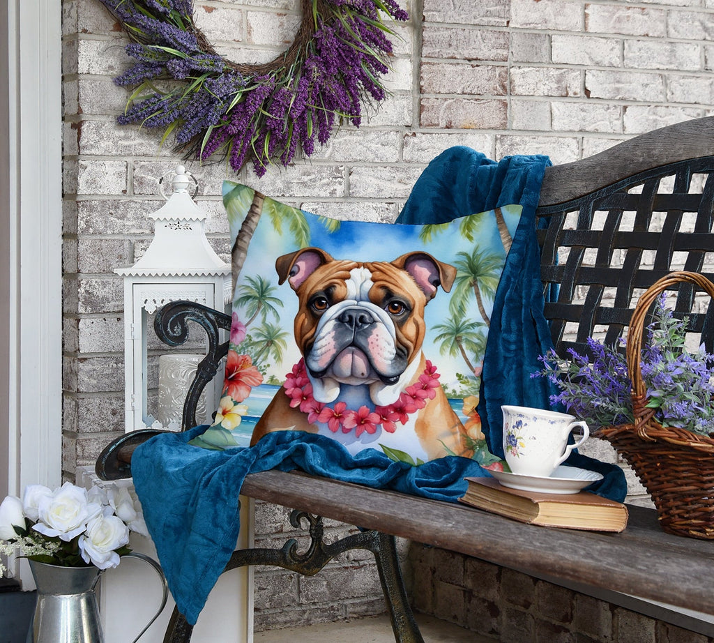 English Bulldog Luau Decorative Throw Pillow 18x18 Indoor Outdoor Accent Cushion, Fabric Cover with Insert for Sofa, Bed, Porch & Living Room