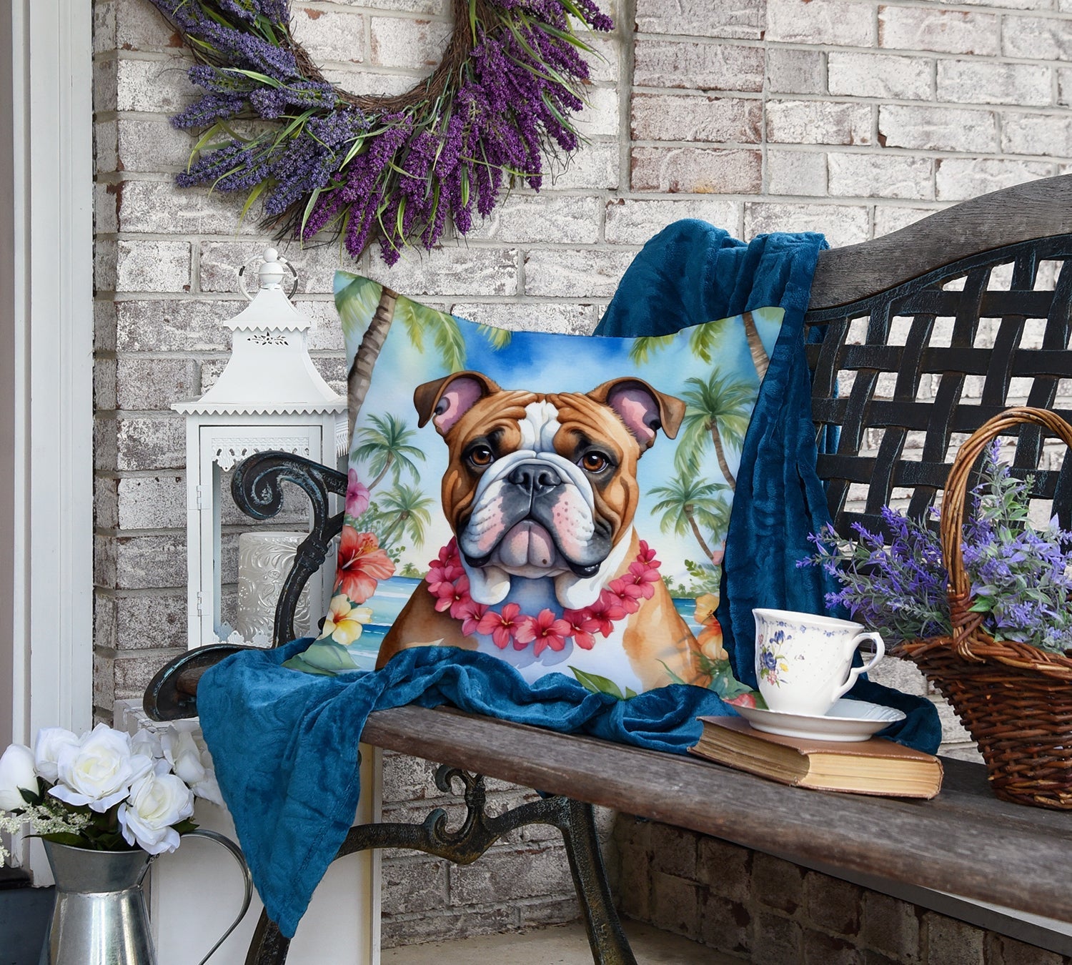 English Bulldog Luau Decorative Throw Pillow 18x18 Indoor Outdoor Accent Cushion, Fabric Cover with Insert for Sofa, Bed, Porch & Living Room