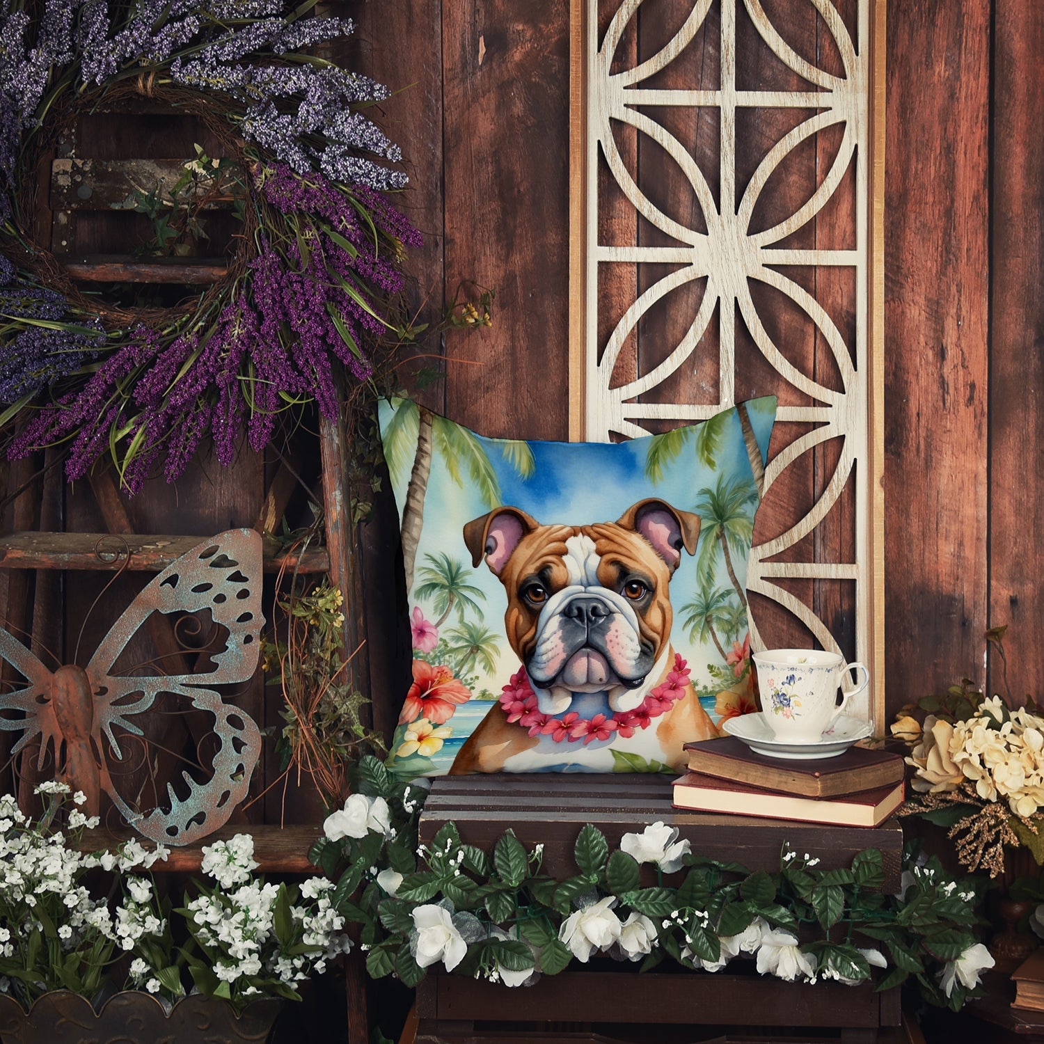 English Bulldog Luau Decorative Throw Pillow 18x18 Indoor Outdoor Accent Cushion, Fabric Cover with Insert for Sofa, Bed, Porch & Living Room