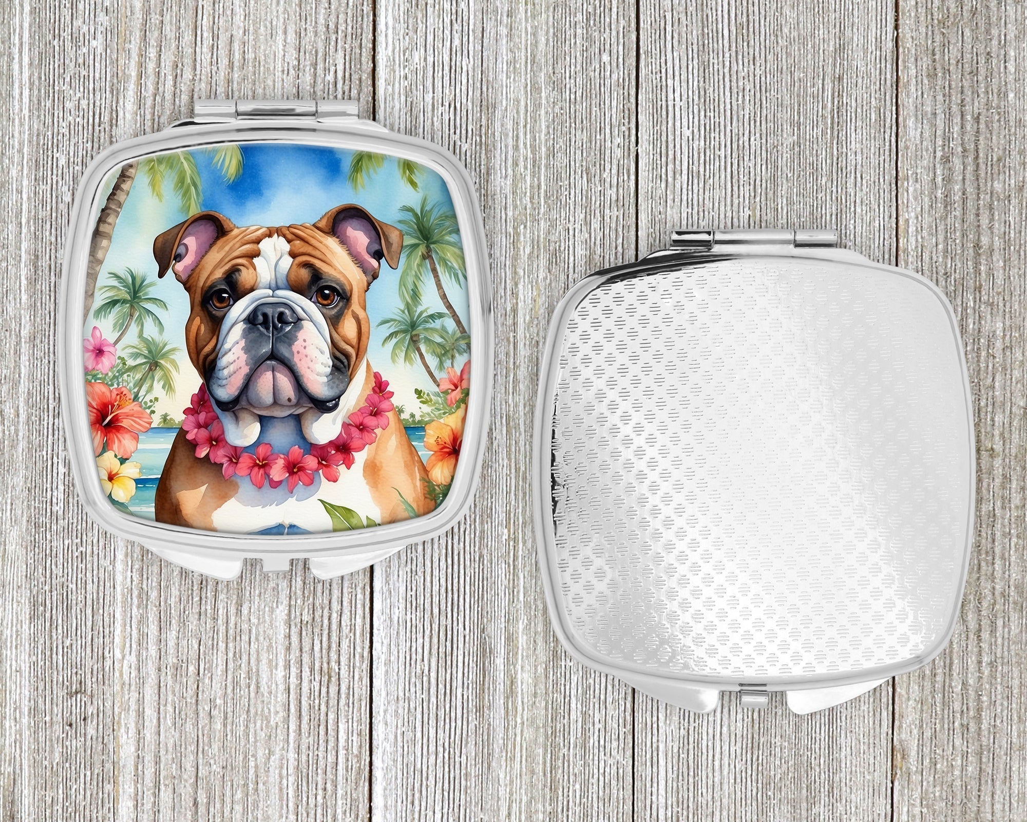 English Bulldog Luau Compact Mirror Decorative Travel Makeup Mirror for Women Girls Gifts Pocket Makeup Mirror Folding Handheld