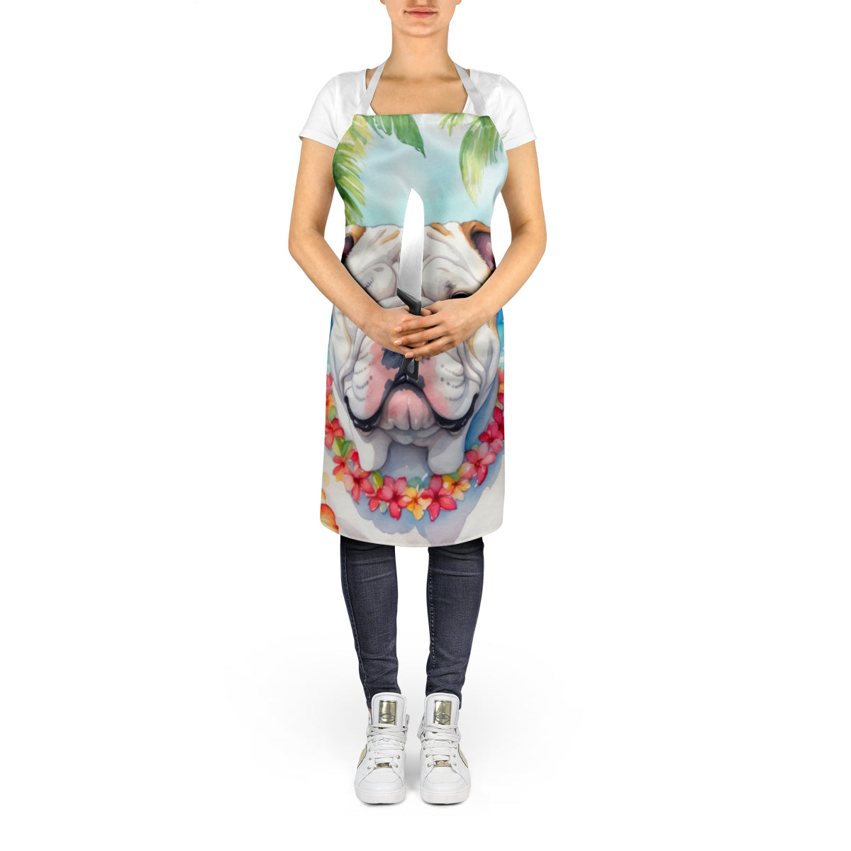 English Bulldog Luau Apron Cooking Kitchen Server Baking Crafts Gardening for Adult Women Men, Unisex, Large, Multicolor