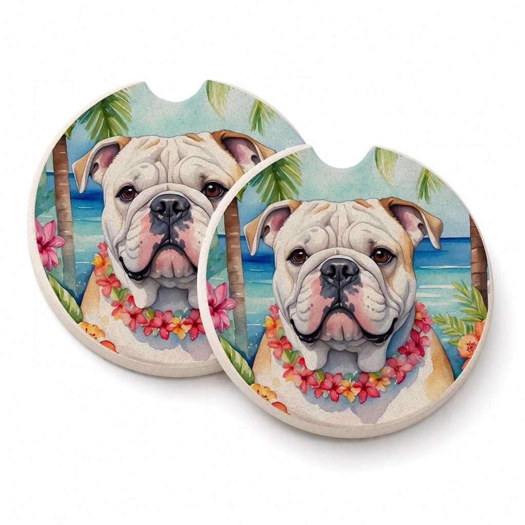 English Bulldog Luau Set of 2 Cup Holder Car Coasters Absorbent Round Sandstone Coasters Gifts for Men or Women, 2.5, Multicolor