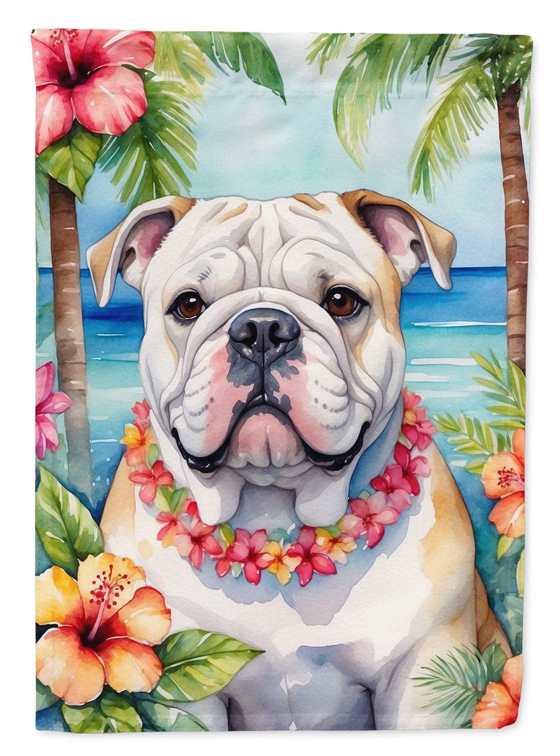 English Bulldog Luau House Flag 28x40 Porch Sleeve Pole Decorative Outside Yard Banner Artwork Wall Hanging, Polyester