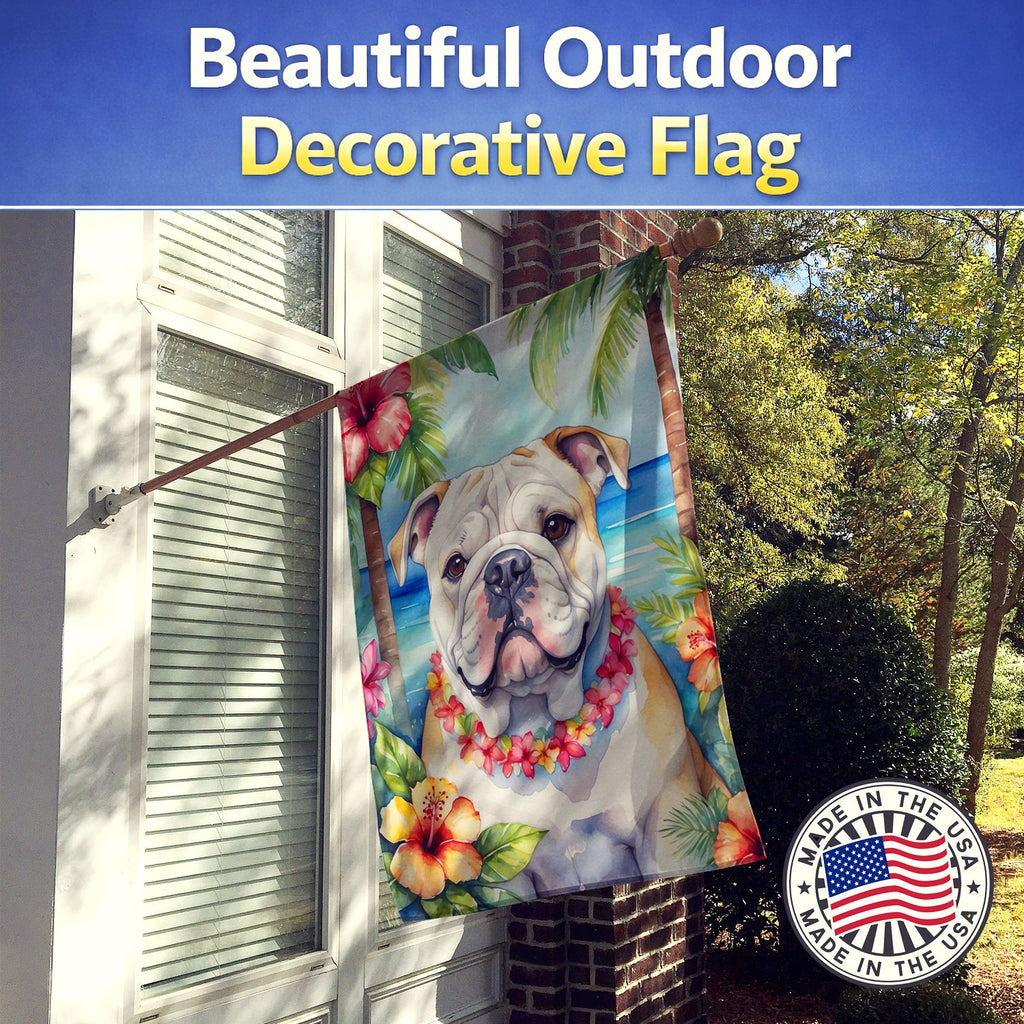 English Bulldog Luau House Flag 28x40 Porch Sleeve Pole Decorative Outside Yard Banner Artwork Wall Hanging, Polyester