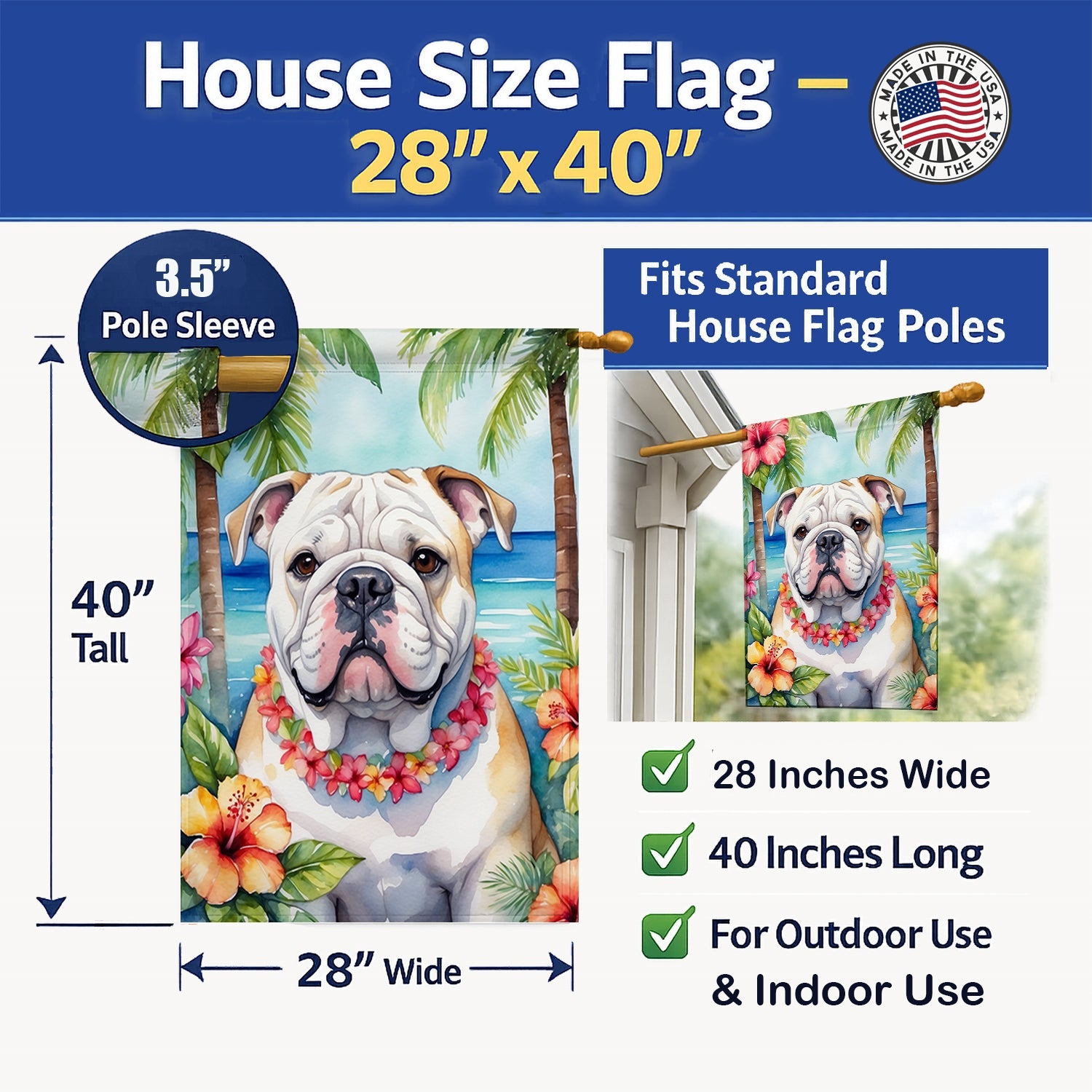 English Bulldog Luau House Flag 28x40 Porch Sleeve Pole Decorative Outside Yard Banner Artwork Wall Hanging, Polyester