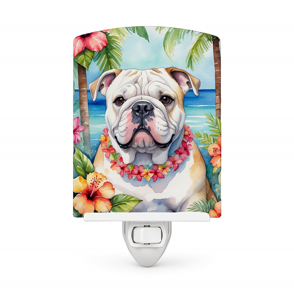 English Bulldog Luau Ceramic Night Light Compact, UL-Certified, Ideal for Bedroom, Bathroom, Nursery, Hallway, Kitchen, 6x4x3, Multicolor
