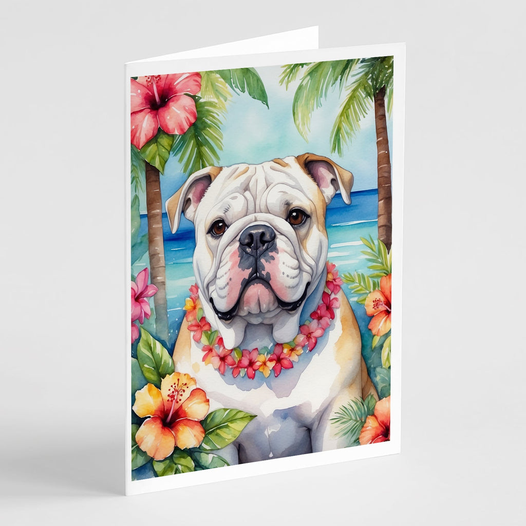 English Bulldog Luau Greeting Cards Pack of 8 Blank Cards with Envelopes Whimsical A7 Size 5x7