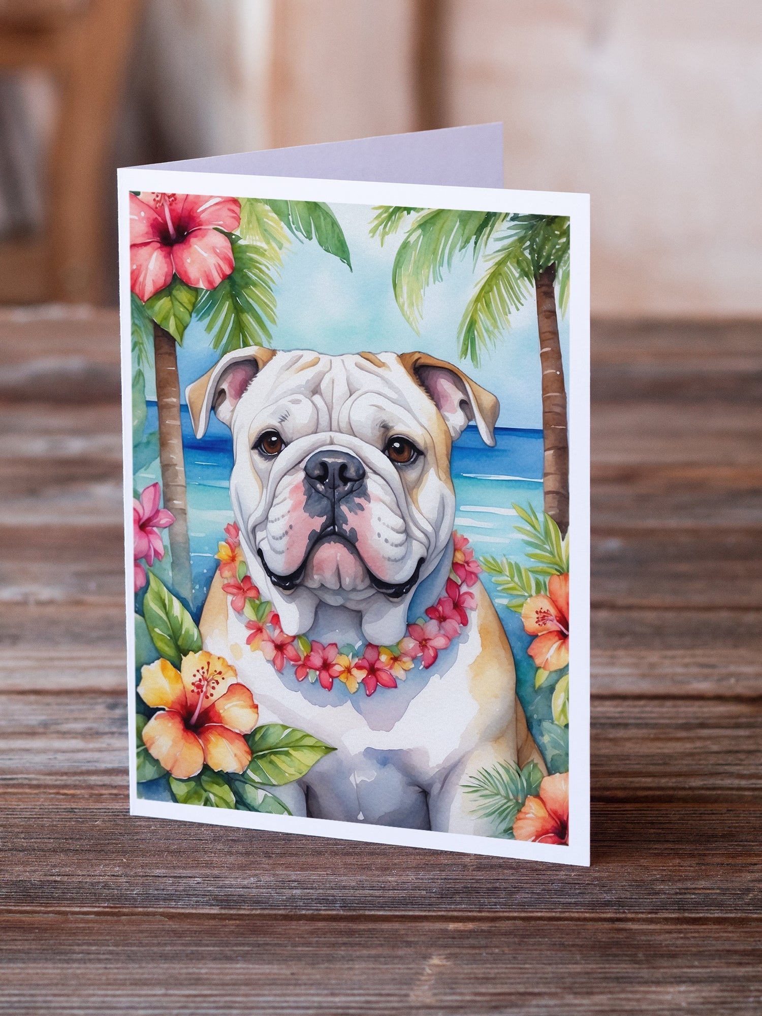 English Bulldog Luau Greeting Cards Pack of 8 Blank Cards with Envelopes Whimsical A7 Size 5x7