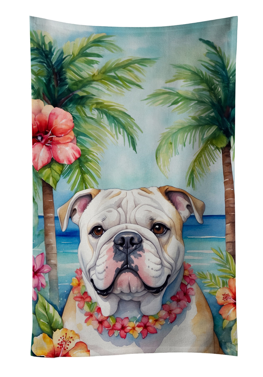 English Bulldog Luau Kitchen Towel Velour Plush Front and Cotton Loop Back Machine Washable