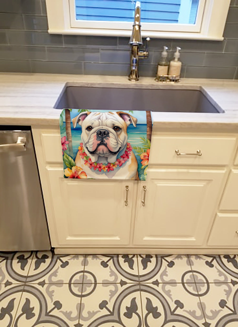 English Bulldog Luau Kitchen Towel Velour Plush Front and Cotton Loop Back Machine Washable