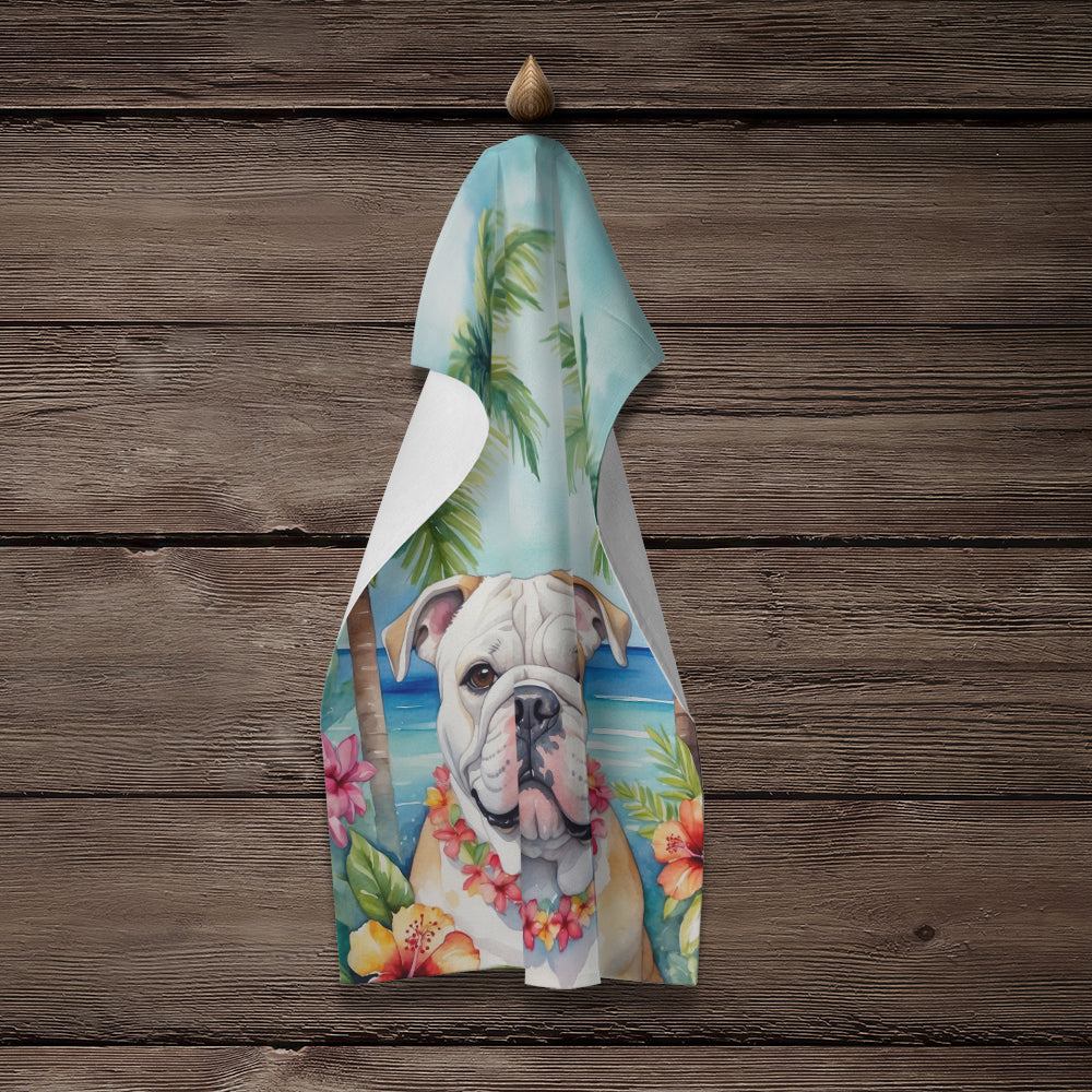 English Bulldog Luau Kitchen Towel Velour Plush Front and Cotton Loop Back Machine Washable