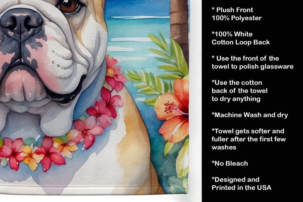 English Bulldog Luau Kitchen Towel Velour Plush Front and Cotton Loop Back Machine Washable