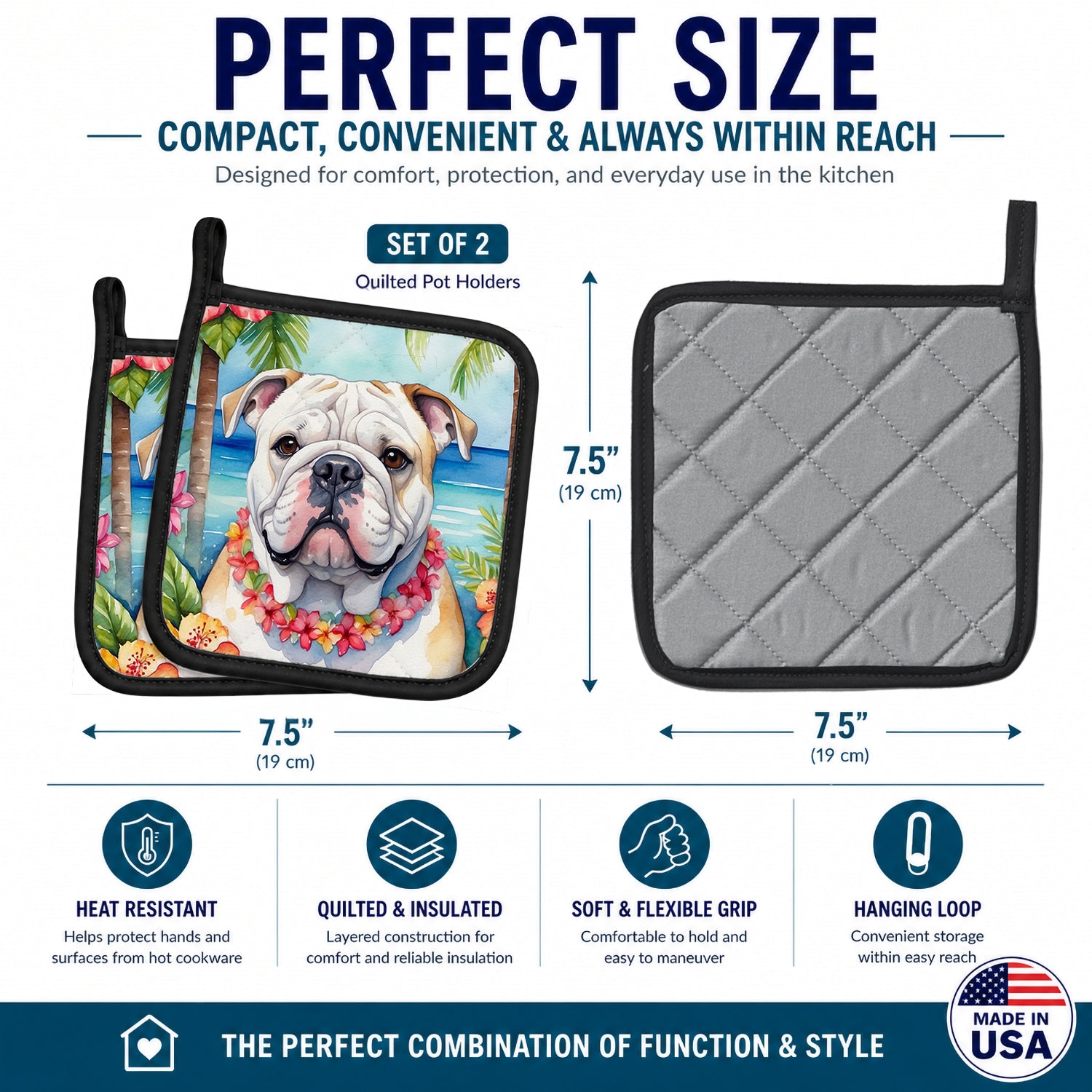 English Bulldog Luau Pot Holder Set of 2 Heat Resistant Quilted Hot Pads 7.5 x 7.5 Inch, Insulated Kitchen Trivets for Cooking & Baking