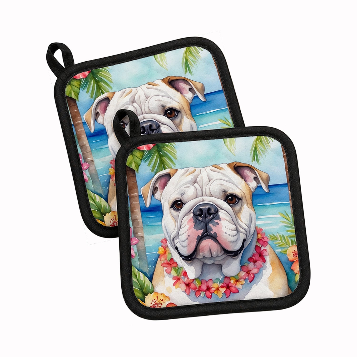 English Bulldog Luau Pot Holder Set of 2 Heat Resistant Quilted Hot Pads 7.5 x 7.5 Inch, Insulated Kitchen Trivets for Cooking & Baking