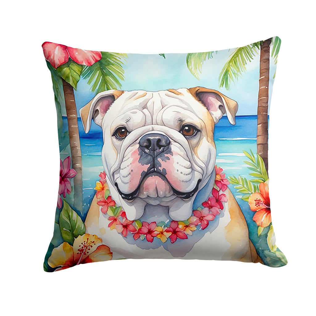 English Bulldog Luau Decorative Throw Pillow 14x14 Indoor Outdoor Accent Cushion, Fabric Cover with Insert for Sofa, Bed, Porch & Living Room