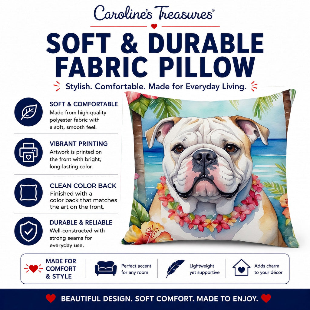 English Bulldog Luau Decorative Throw Pillow 14x14 Indoor Outdoor Accent Cushion, Fabric Cover with Insert for Sofa, Bed, Porch & Living Room