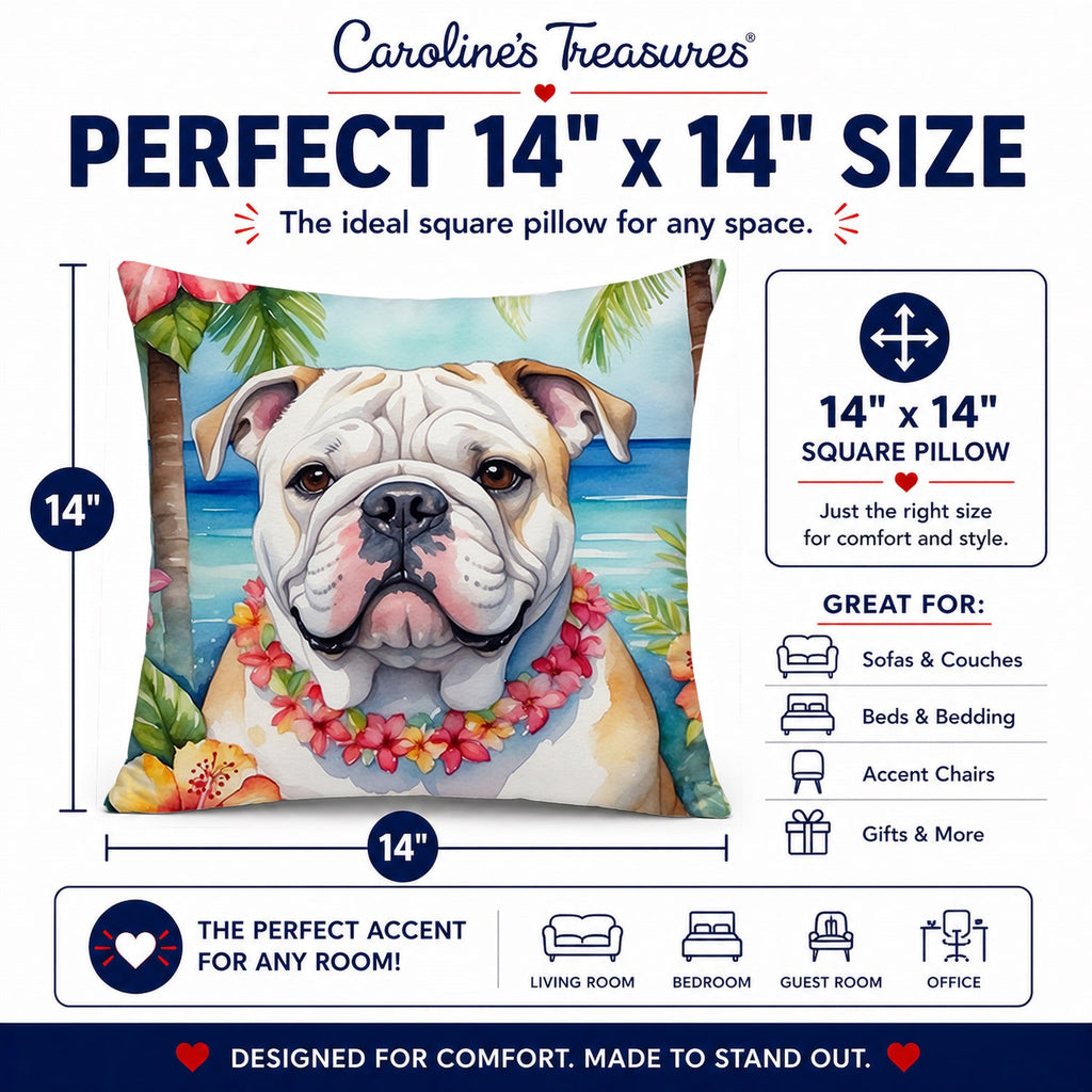 English Bulldog Luau Decorative Throw Pillow 14x14 Indoor Outdoor Accent Cushion, Fabric Cover with Insert for Sofa, Bed, Porch & Living Room