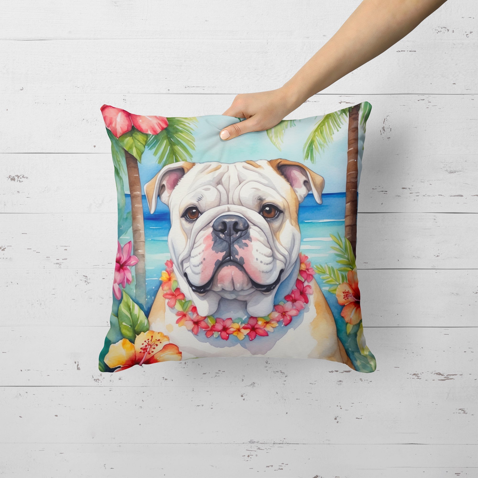 English Bulldog Luau Decorative Throw Pillow 18x18 Indoor Outdoor Accent Cushion, Fabric Cover with Insert for Sofa, Bed, Porch & Living Room
