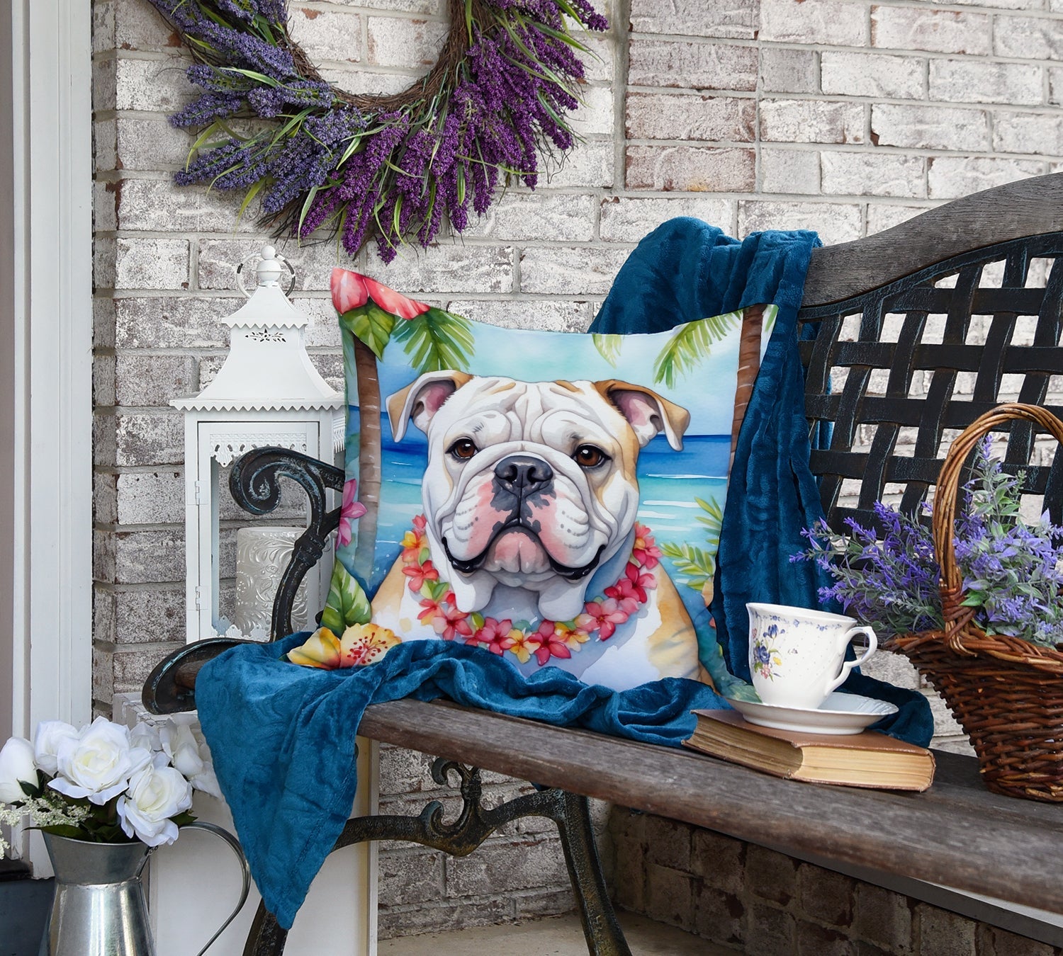 English Bulldog Luau Decorative Throw Pillow 18x18 Indoor Outdoor Accent Cushion, Fabric Cover with Insert for Sofa, Bed, Porch & Living Room