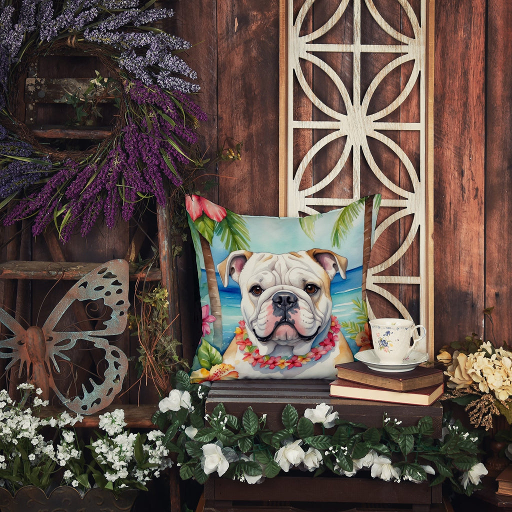 English Bulldog Luau Decorative Throw Pillow 18x18 Indoor Outdoor Accent Cushion, Fabric Cover with Insert for Sofa, Bed, Porch & Living Room