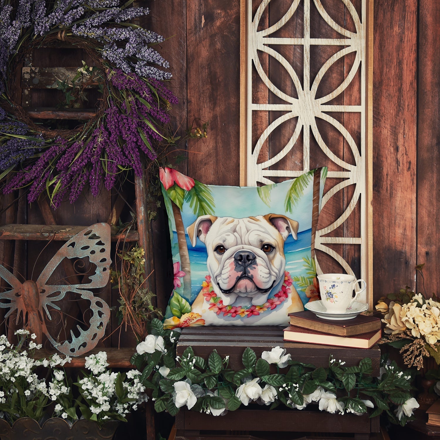 English Bulldog Luau Decorative Throw Pillow 18x18 Indoor Outdoor Accent Cushion, Fabric Cover with Insert for Sofa, Bed, Porch & Living Room